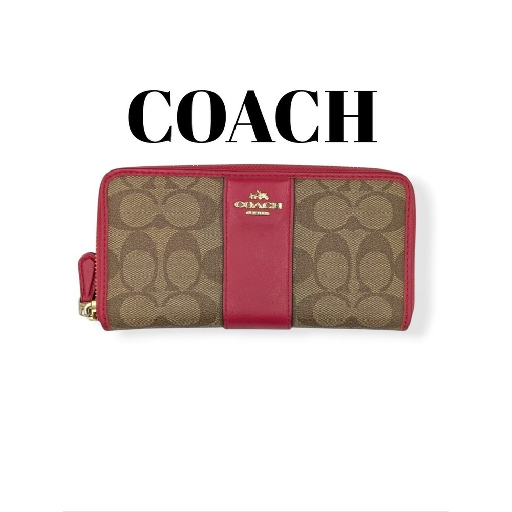 Coach Signature C Coated Canvas & Leather Trim Zip Wallet F54630 Poppy Pink/Red
